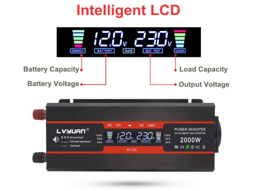 LVYUAN Инвертор (преобразователь напряжения) с дисплеем LVYUAN12 V 230 V 1000 W / 2000 W Inverter LCD with 2 USB